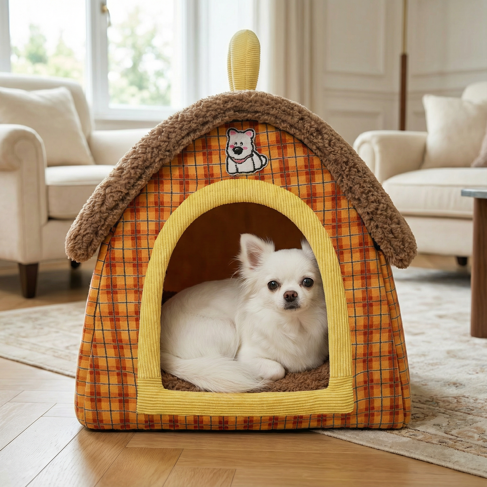 Dog Crate Cat Foldable Plush Cave Bed Warm Cozy Indoor Shelter